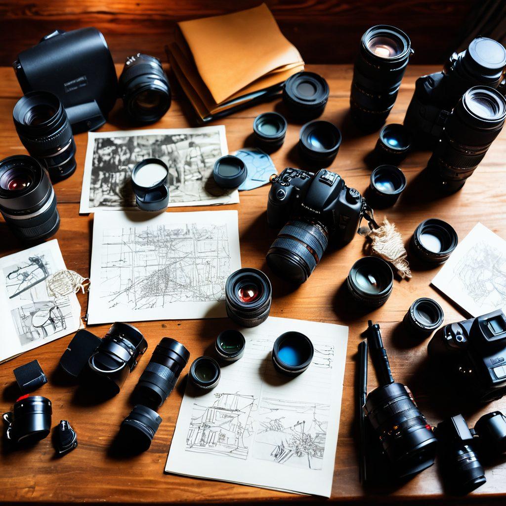 A beautifully arranged flat lay of various camera gear like lenses, tripods, and camera bodies on a rustic wooden table, accompanied by a photography notebook filled with sketches and tips. Soft natural light filters through, casting gentle shadows and highlighting the textures. In the background, blurred images of stunning landscapes and cityscapes hint at the potential of the gear. super-realistic. vibrant colors. soft lighting.