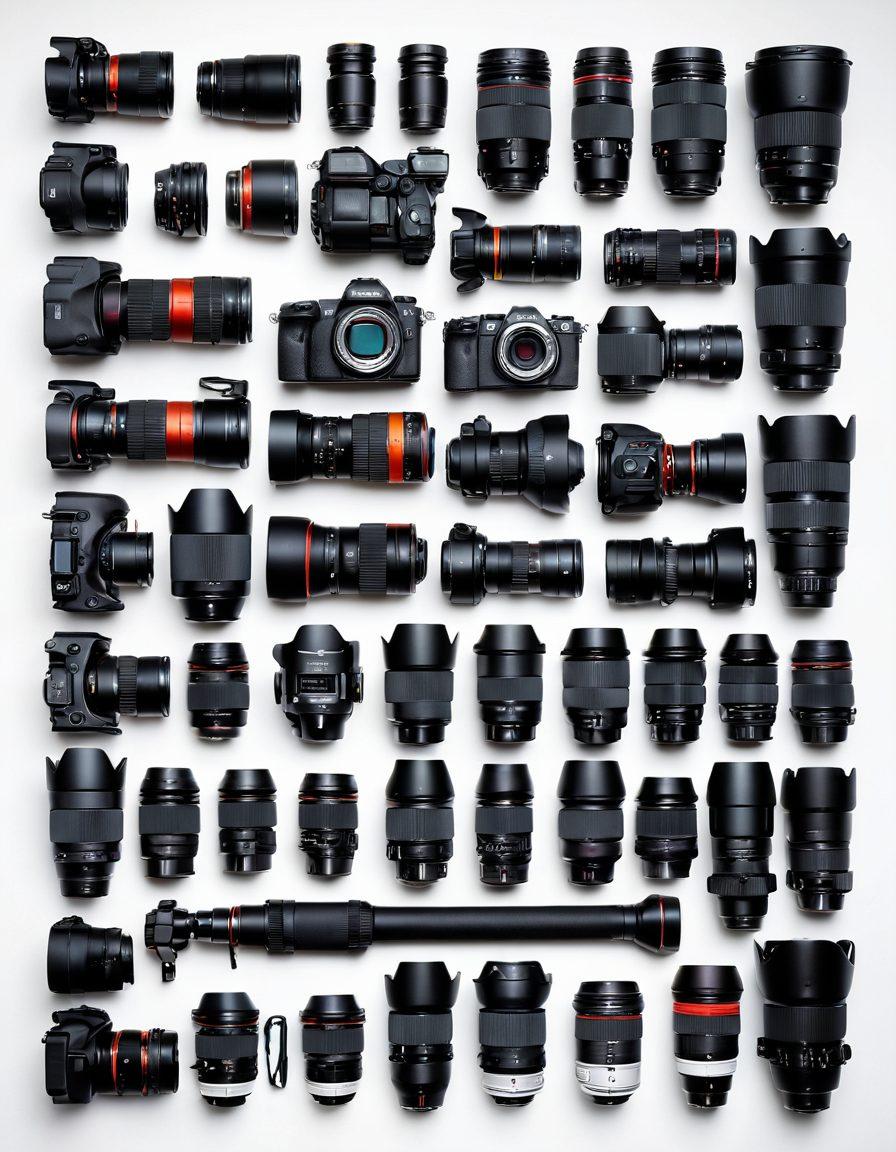 A visually striking arrangement of various camera gear, including DSLRs, mirrorless cameras, tripods, and lenses, set against a backdrop of diverse photography scenarios such as landscapes, portraits, and wildlife. Emphasize the textures and details of the equipment while showcasing vibrant colors that represent each photography style. Include a subtle gradient that transitions from warm to cool tones, illustrating versatility. super-realistic. vibrant colors. white background.